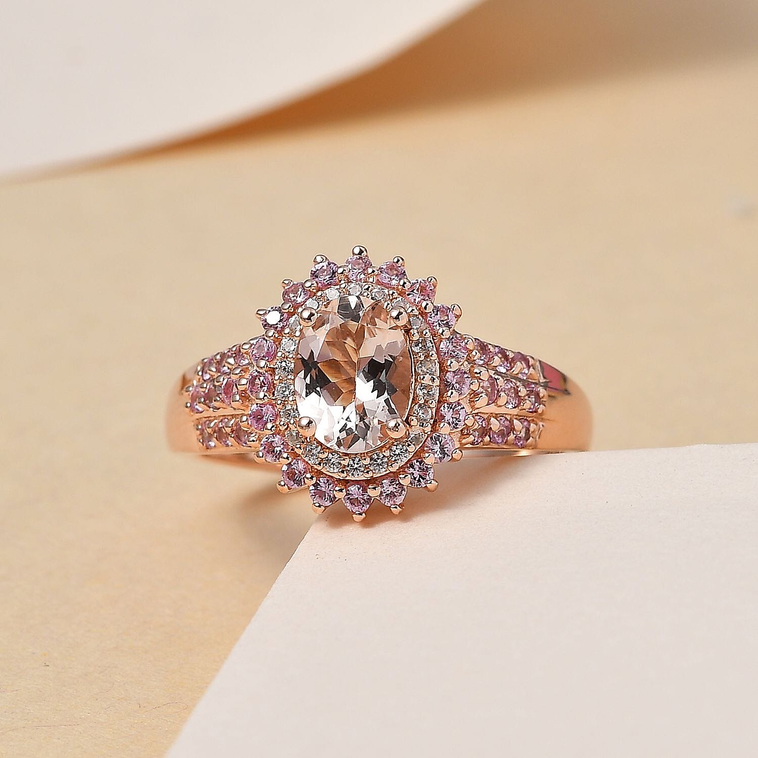 Premium Marropino Morganite and Multi Gemstone Double Halo Sunburst Ring in Vermeil Rose Gold Over Sterling Silver, Morganite Jewelry, Pink Birthday Anniversary Wedding Gift For Her 1.90 ctw