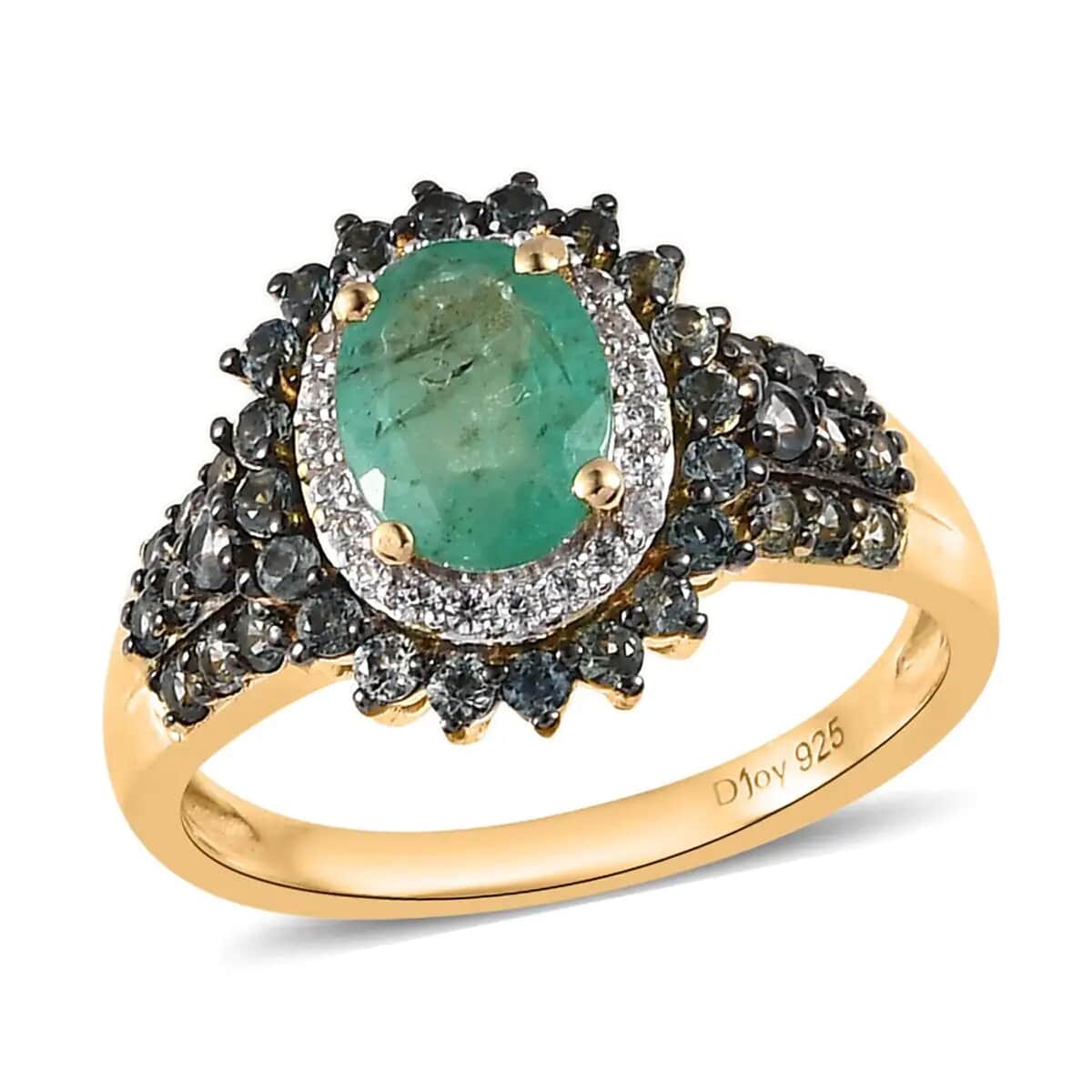 Kagem Zambian Emerald and Multi Gemstone 2.10 ctw Double Halo Sunburst Ring in Vermeil Yellow Gold Over Sterling Silver, Emerald Jewelry, Green Birthday Anniversary Wedding Gift For Her (Size 6.0) image number 0