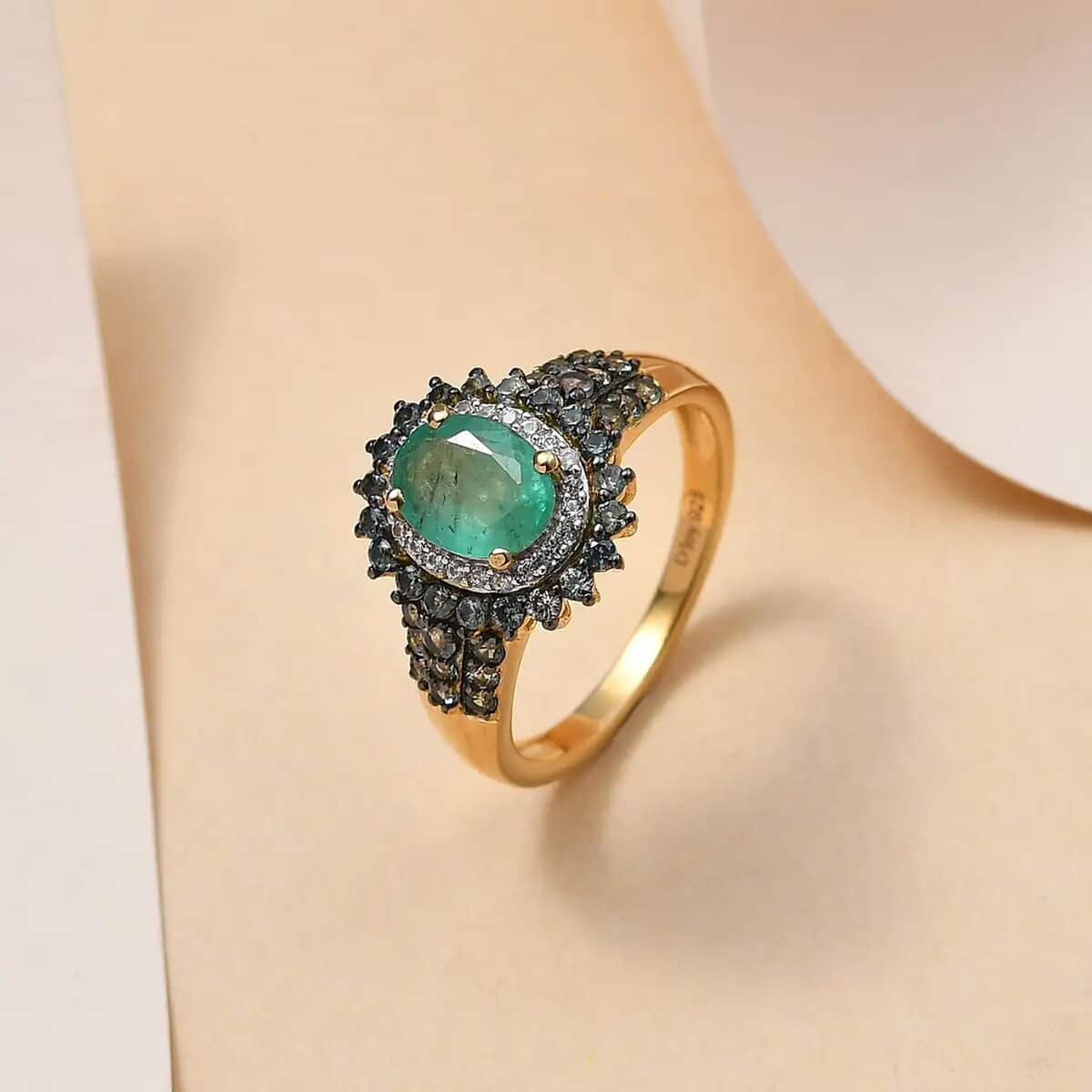 Kagem Zambian Emerald and Multi Gemstone 2.10 ctw Double Halo Sunburst Ring in Vermeil Yellow Gold Over Sterling Silver, Emerald Jewelry, Green Birthday Anniversary Wedding Gift For Her (Size 6.0) image number 1