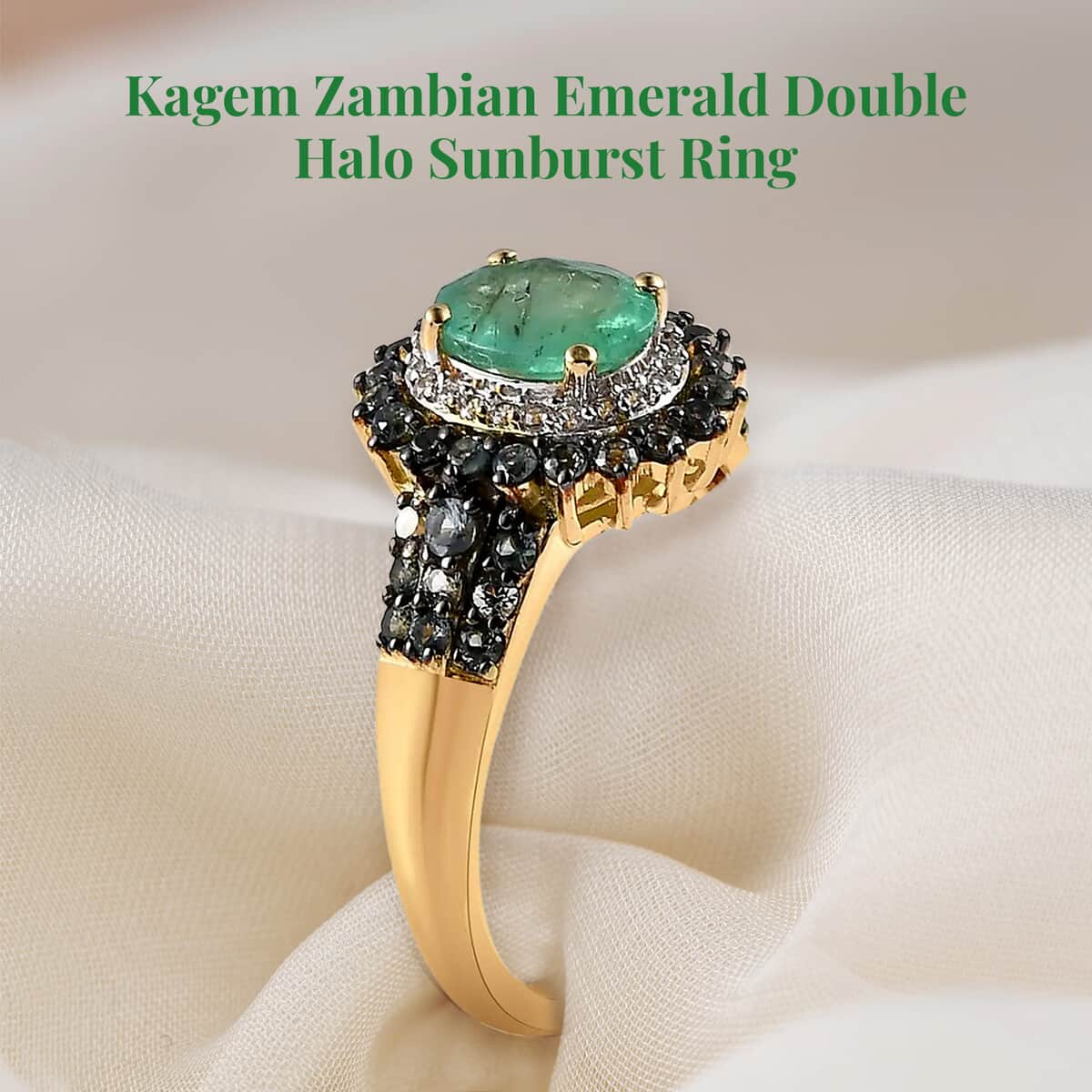 Kagem Zambian Emerald and Multi Gemstone 2.10 ctw Double Halo Sunburst Ring in Vermeil Yellow Gold Over Sterling Silver, Emerald Jewelry, Green Birthday Anniversary Wedding Gift For Her (Size 6.0) image number 2