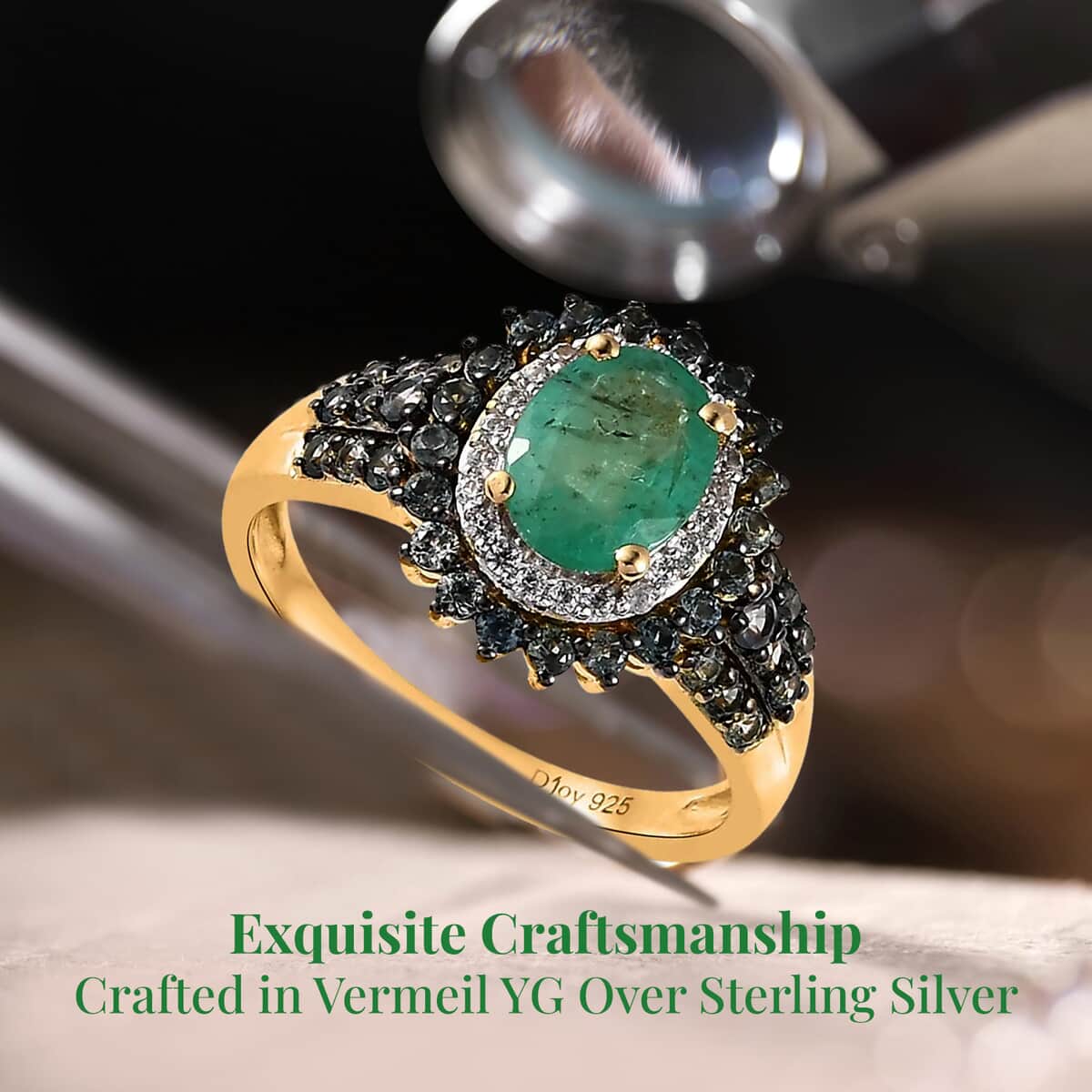 Kagem Zambian Emerald and Multi Gemstone 2.10 ctw Double Halo Sunburst Ring in Vermeil Yellow Gold Over Sterling Silver, Emerald Jewelry, Green Birthday Anniversary Wedding Gift For Her (Size 6.0) image number 3