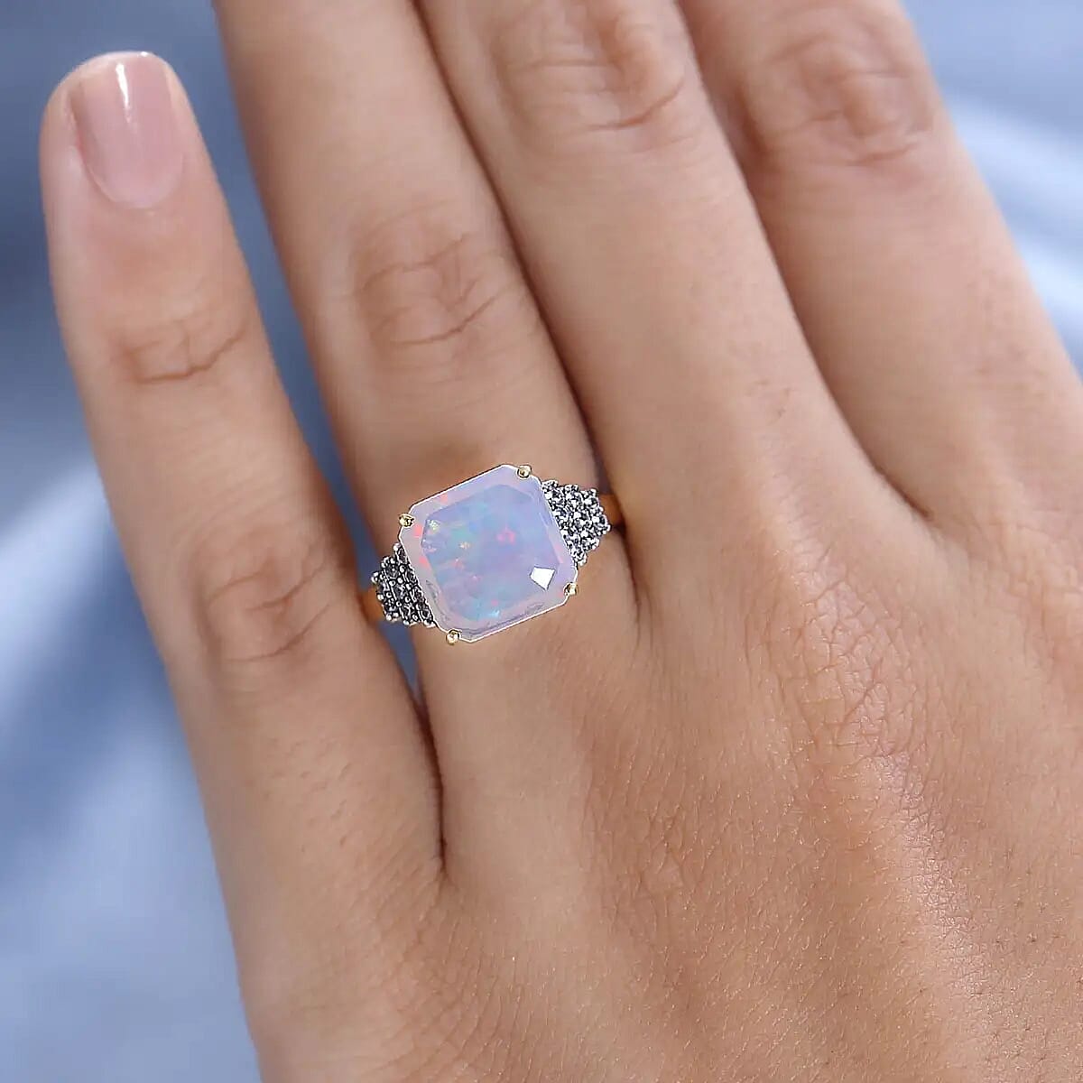 Premium Ethiopian Welo Opal and Multi Gemstone 3.20 ctw Accent Ring, Opal Deco Ring, Vermeil Yellow Gold Over Sterling Silver Ring (Size 10)