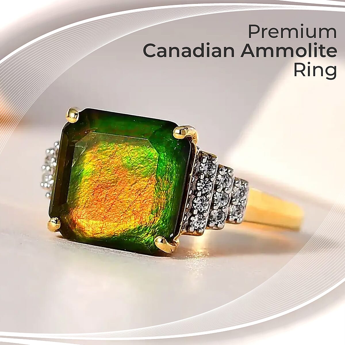 Premium Canadian Ammolite Ring,  Multi Gemstone Accent Ring, Ammolite Deco Ring, Vermeil Yellow Gold Over Sterling Silver Ring 0.40 ctw (Size 10) image number 1