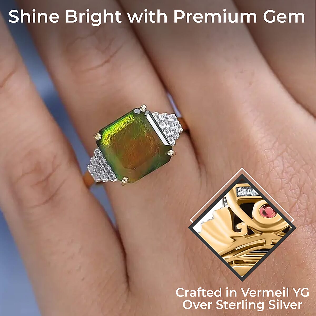 Premium Canadian Ammolite Ring,  Multi Gemstone Accent Ring, Ammolite Deco Ring, Vermeil Yellow Gold Over Sterling Silver Ring 0.40 ctw (Size 10) image number 2