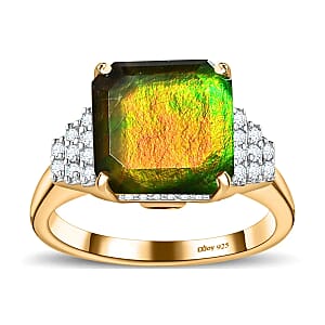 Premium Canadian Ammolite and Multi Gemstone 0.40 ctw Accent Ring, Ammolite Deco Ring, Vermeil Yellow Gold Over Sterling Silver Ring (Size 8)