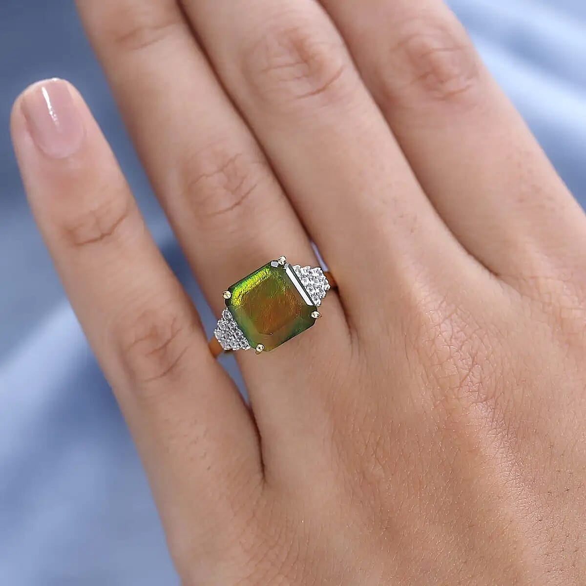 Premium Canadian Ammolite and Multi Gemstone 0.40 ctw Accent Ring, Ammolite Deco Ring, Vermeil Yellow Gold Over Sterling Silver Ring (Size 8) image number 5