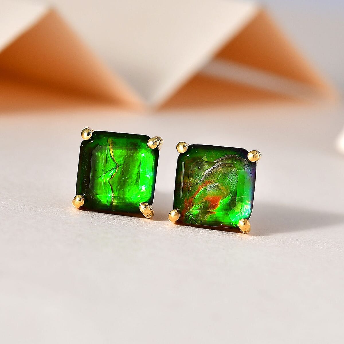 Premium Canadian Ammolite Solitaire Stud Earrings in Vermeil Yellow Gold Over Sterling Silver 4.50 ctw image number 1