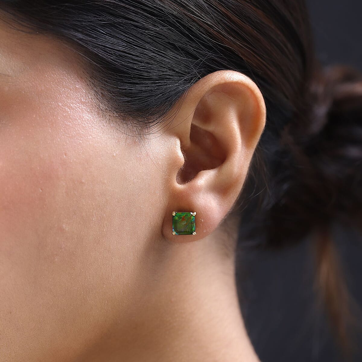 Premium Canadian Ammolite Solitaire Stud Earrings in Vermeil Yellow Gold Over Sterling Silver 4.50 ctw image number 2