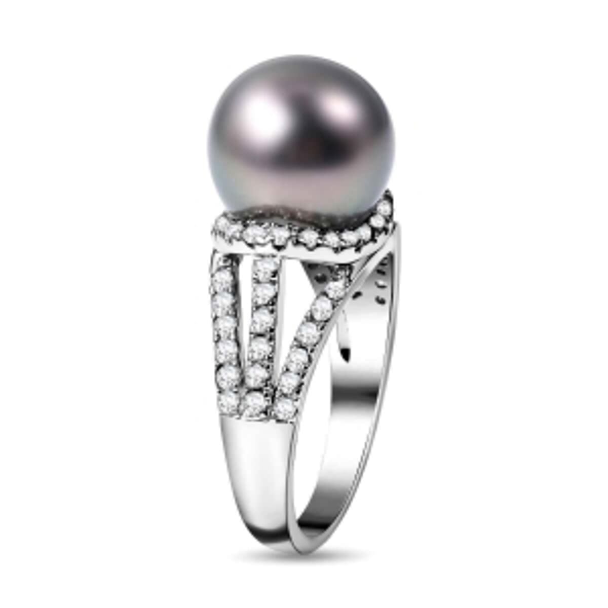 Created Tahitian Pearl and White Zircon 15.25 ctw Ring in Rhodium Over Sterling Silver (Size 5.5) image number 3