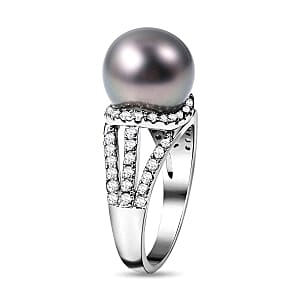 Created Tahitian Pearl and White Zircon 15.25 ctw Ring in Rhodium Over Sterling Silver (Size 5.5)