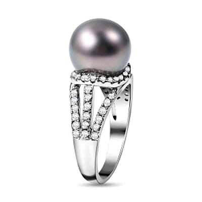 Created Tahitian Pearl and White Zircon 15.25 ctw Ring in Rhodium Over Sterling Silver (Size 5.5)