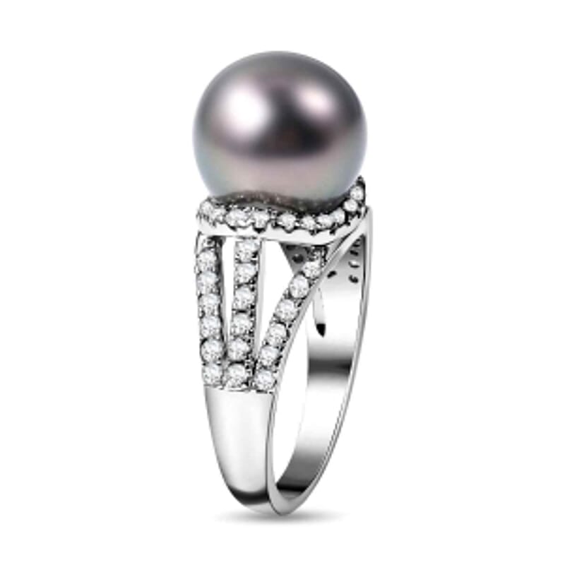 Created Tahitian Pearl and White Zircon 15.25 ctw Ring in Rhodium Over Sterling Silver (Size 5.5)