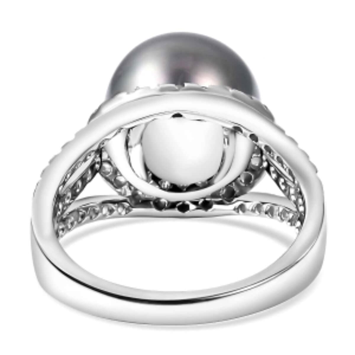 Created Tahitian Pearl and White Zircon 15.25 ctw Ring in Rhodium Over Sterling Silver (Size 5.5) image number 4