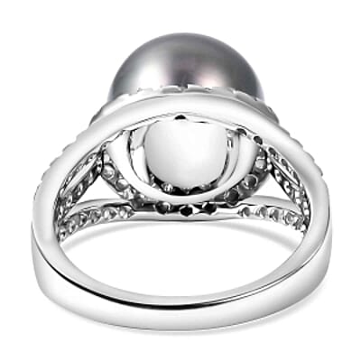 Created Tahitian Pearl and White Zircon 15.25 ctw Ring in Rhodium Over Sterling Silver (Size 5.5)