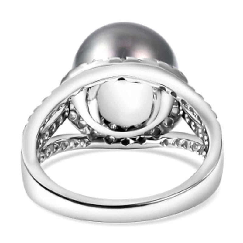 Created Tahitian Pearl and White Zircon 15.25 ctw Ring in Rhodium Over Sterling Silver (Size 5.5)