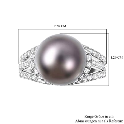 Created Tahitian Pearl and White Zircon 15.25 ctw Ring in Rhodium Over Sterling Silver (Size 5.5)