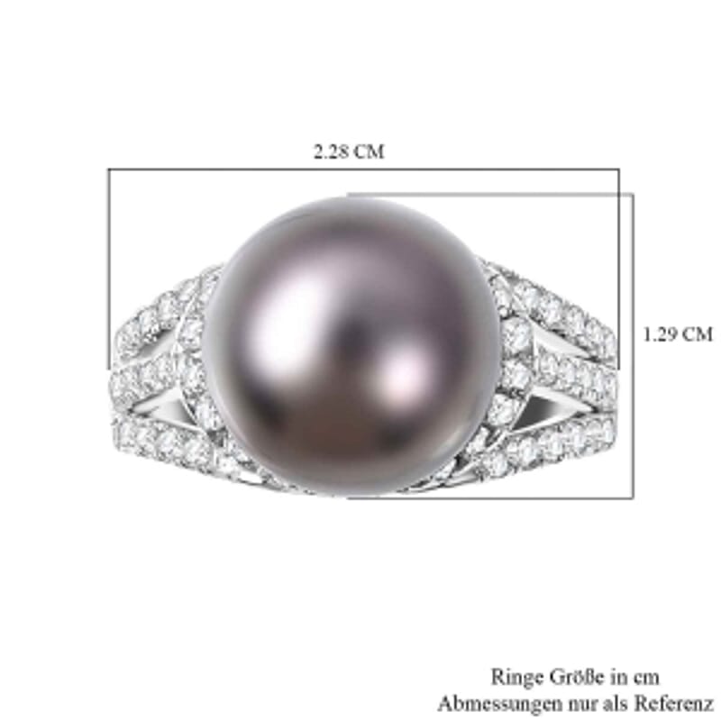 Created Tahitian Pearl and White Zircon 15.25 ctw Ring in Rhodium Over Sterling Silver (Size 5.5)