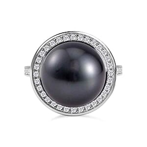 Tahitian Pearl and White Zircon18.40 ctw Ring in Rhodium Over Sterling Silver (Size 5.5)