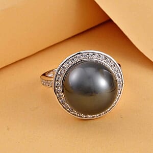 Tahitian Pearl and White Zircon18.40 ctw Ring in Rhodium Over Sterling Silver (Size 5.5)