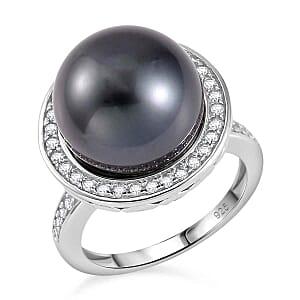 Tahitian Pearl and White Zircon18.40 ctw Ring in Rhodium Over Sterling Silver (Size 5.5)