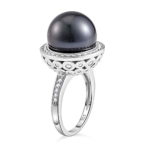 Tahitian Pearl and White Zircon18.40 ctw Ring in Rhodium Over Sterling Silver (Size 5.5)