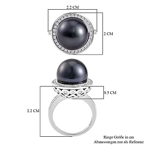 Tahitian Pearl and White Zircon18.40 ctw Ring in Rhodium Over Sterling Silver (Size 5.5)