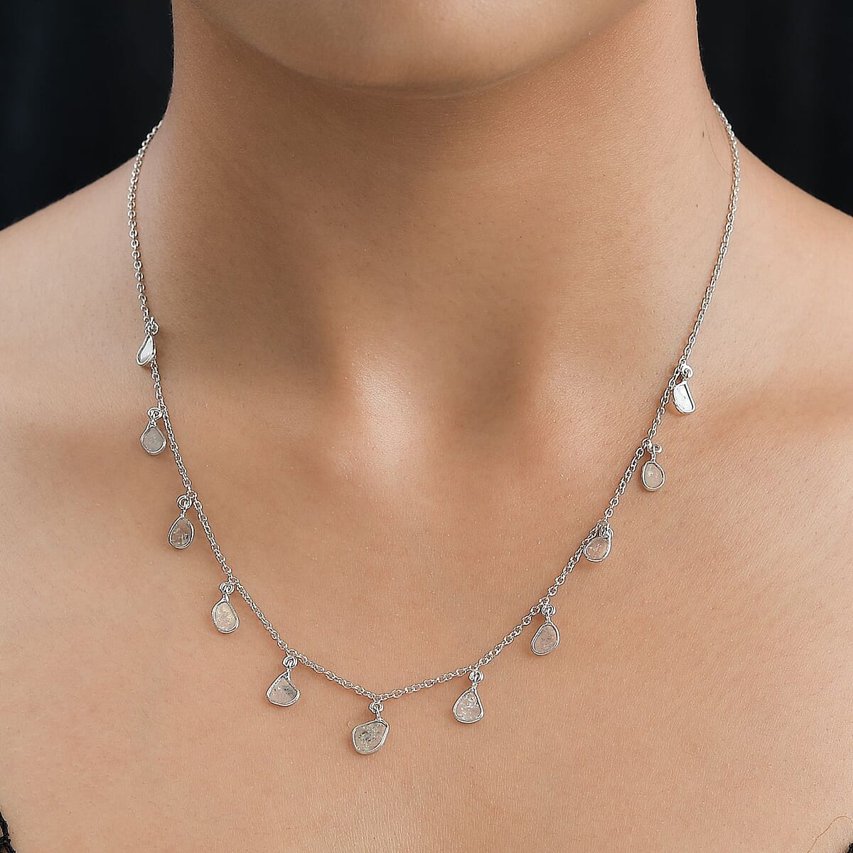 Polki Diamond Station Necklace 18 Inches in Platinum Over Sterling Silver 2.00 ctw image number 2