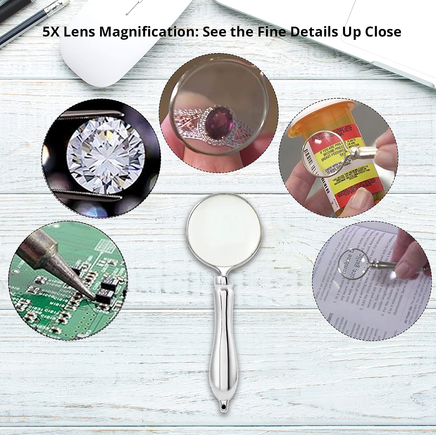 Pinpoint Silver Color 5X Mini Portable Handheld Magnifier Magnifying Glass With Metal Handle for Reading Soldering Jewelry Maps, Great for Gifting