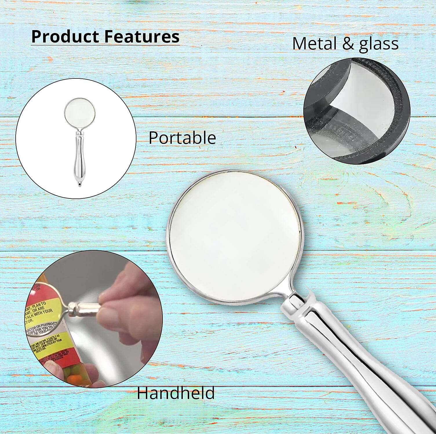 Pinpoint Silver Color 5X Mini Portable Handheld Magnifier Magnifying Glass With Metal Handle for Reading Soldering Jewelry Maps, Great for Gifting