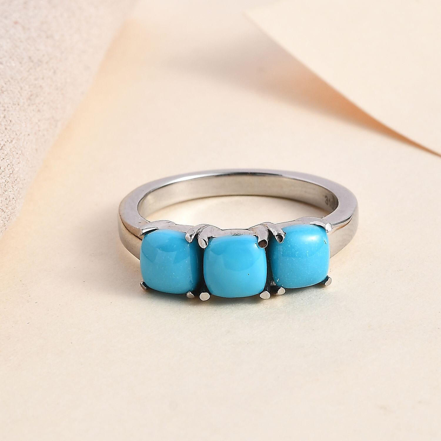 Sleeping Beauty Turquoise 3 Stone Ring in Stainless Steel (Size 10.0) 1.60 ctw