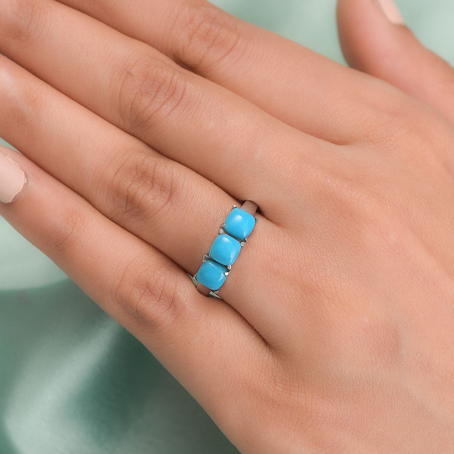 Sleeping Beauty Turquoise 3 Stone Ring in Stainless Steel (Size 10.0) 1.60 ctw