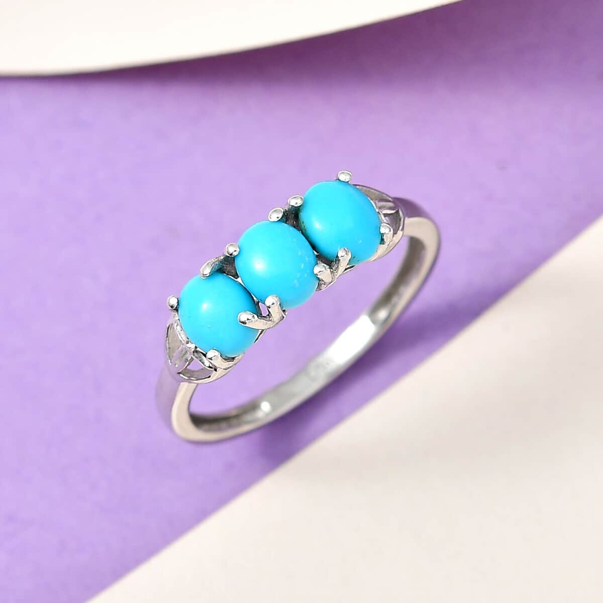 Sleeping Beauty Turquoise 3 Stone Ring in Platinum Over Sterling Silver (Size 10.0) 1.10 ctw image number 1