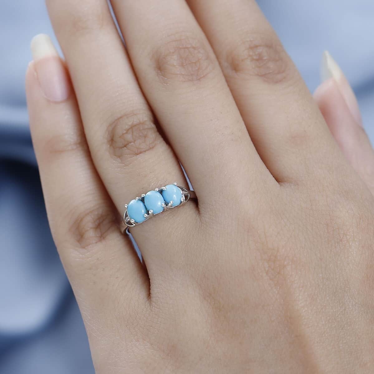 Sleeping Beauty Turquoise 3 Stone Ring in Platinum Over Sterling Silver (Size 10.0) 1.10 ctw image number 2