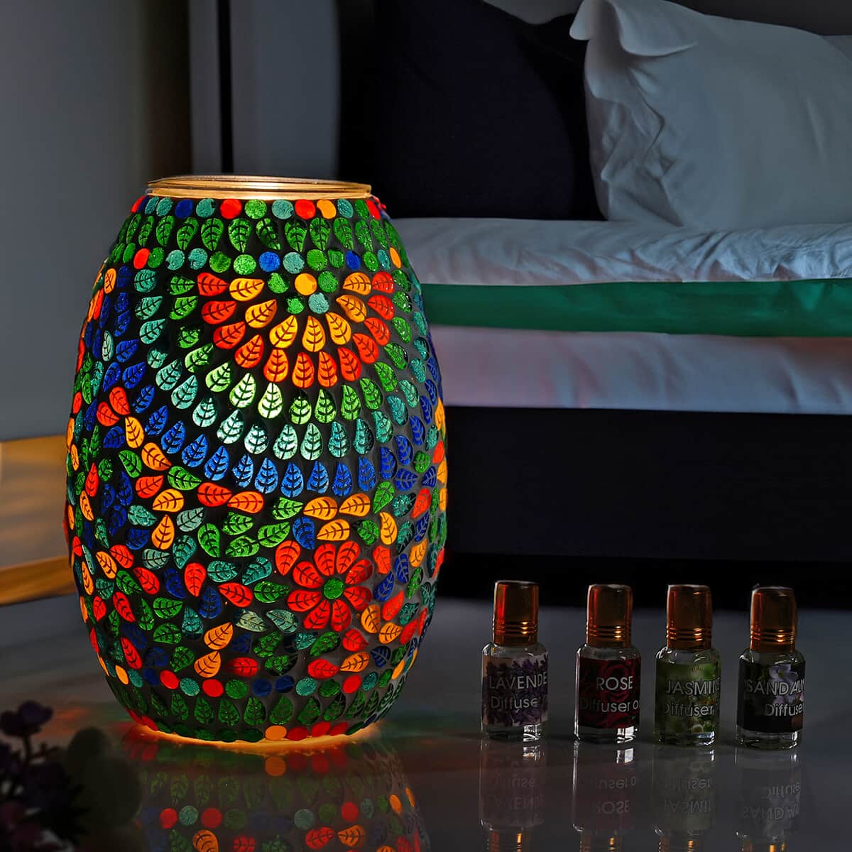 "Handcrafted Mosaic Table lamp with aroma oil bottle 5ml x 8 pcswith UL Certified Color: Multi Size: 4.5x8 Inch" image number 1