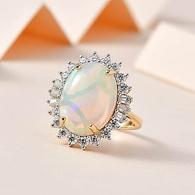 Luxoro 10K Yellow Gold Premium Ethiopian Welo Opal and Moissanite Sunburst Ring (Size 7.0) 5.00 ctw