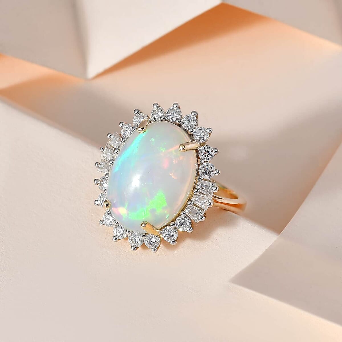 Luxoro 10K Yellow Gold Premium Ethiopian Welo Opal and Moissanite Ring 5.00 ctw (Del. in 7-10 Days) image number 2