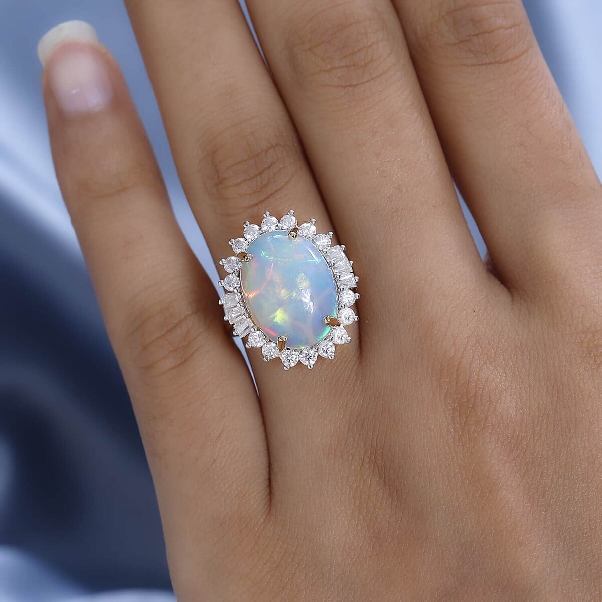 Luxoro 10K Yellow Gold Premium Ethiopian Welo Opal and Moissanite Ring 5.00 ctw (Del. in 7-10 Days) image number 3