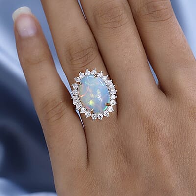 Luxoro 10K Yellow Gold Premium Ethiopian Welo Opal and Moissanite Sunburst Ring (Size 7.0) 5.00 ctw