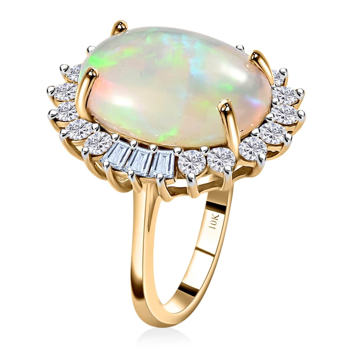 Luxoro 10K Yellow Gold Premium Ethiopian Welo Opal and Moissanite Ring 5.00 ctw (Del. in 7-10 Days) image number 4