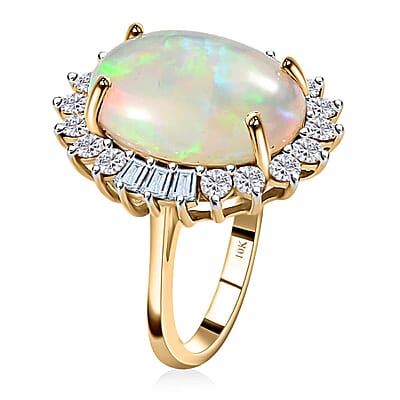 Luxoro 10K Yellow Gold Premium Ethiopian Welo Opal and Moissanite Sunburst Ring (Size 7.0) 5.00 ctw