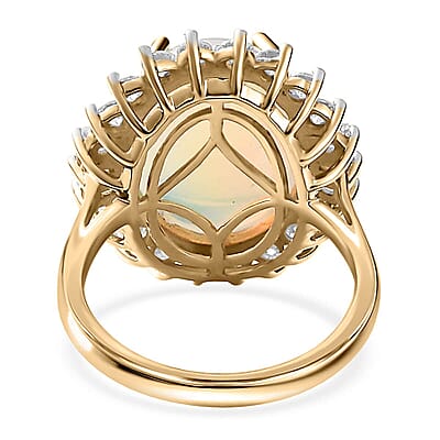Luxoro 10K Yellow Gold Premium Ethiopian Welo Opal and Moissanite Sunburst Ring (Size 7.0) 5.00 ctw