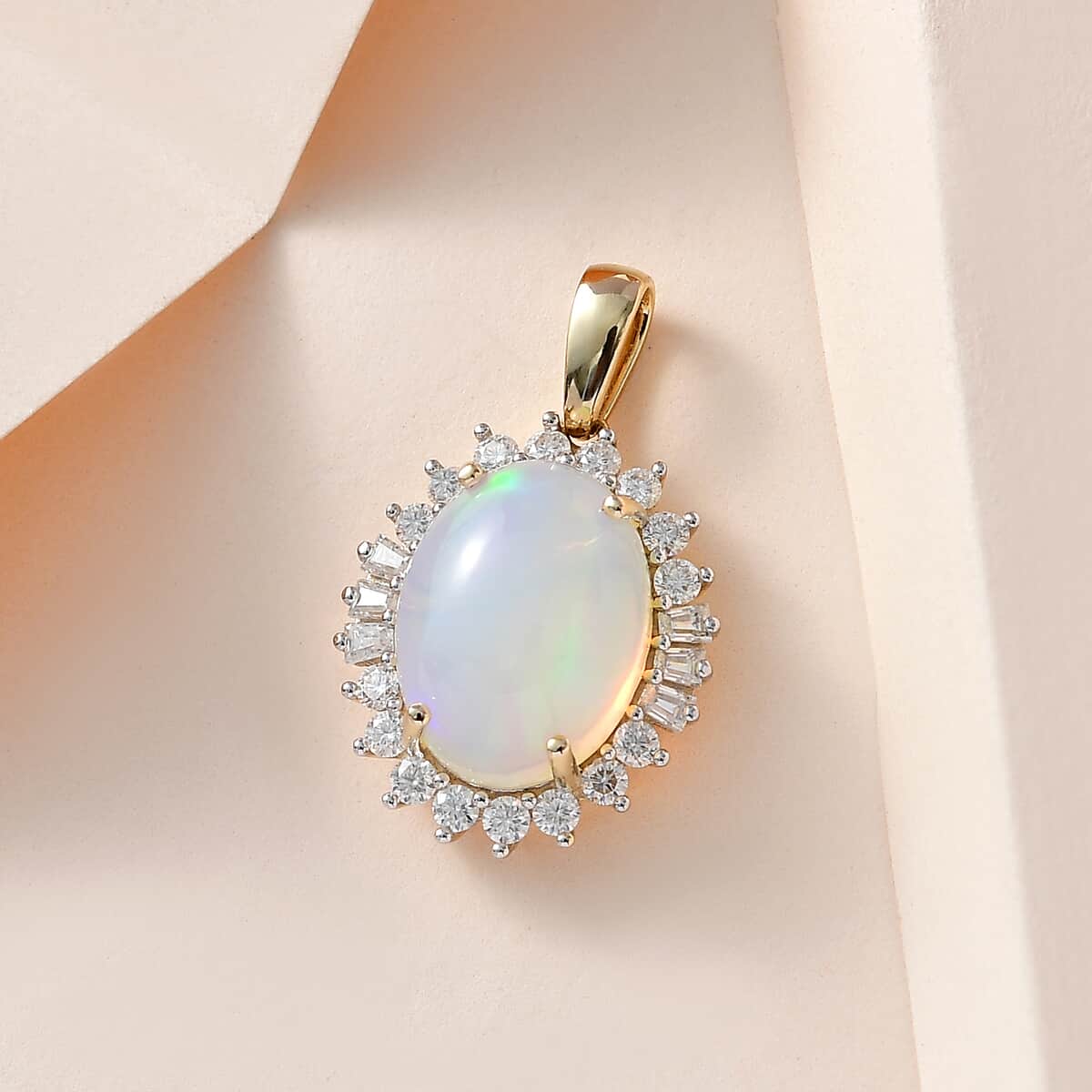 Luxoro 10K Yellow Gold Premium Ethiopian Welo Opal and Moissanite Sunburst Pendant 5.00 ctw image number 1