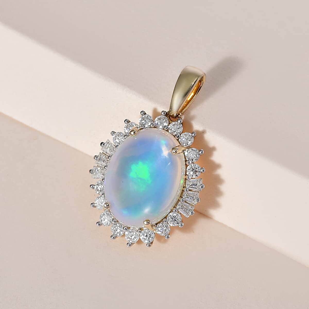 Luxoro 10K Yellow Gold Premium Ethiopian Welo Opal and Moissanite Sunburst Pendant 5.00 ctw image number 2