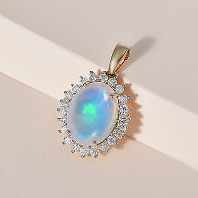 Luxoro 10K Yellow Gold Premium Ethiopian Welo Opal and Moissanite Sunburst Pendant 5.00 ctw