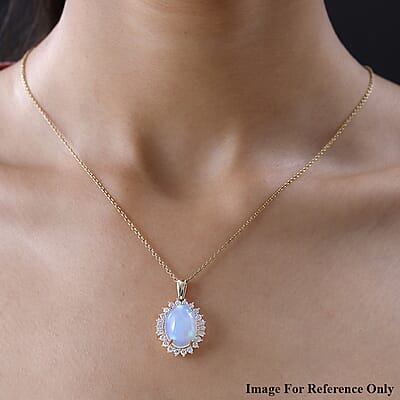 Luxoro 10K Yellow Gold Premium Ethiopian Welo Opal and Moissanite Sunburst Pendant 5.00 ctw