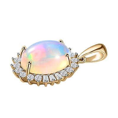 Luxoro 10K Yellow Gold Premium Ethiopian Welo Opal and Moissanite Sunburst Pendant 5.00 ctw