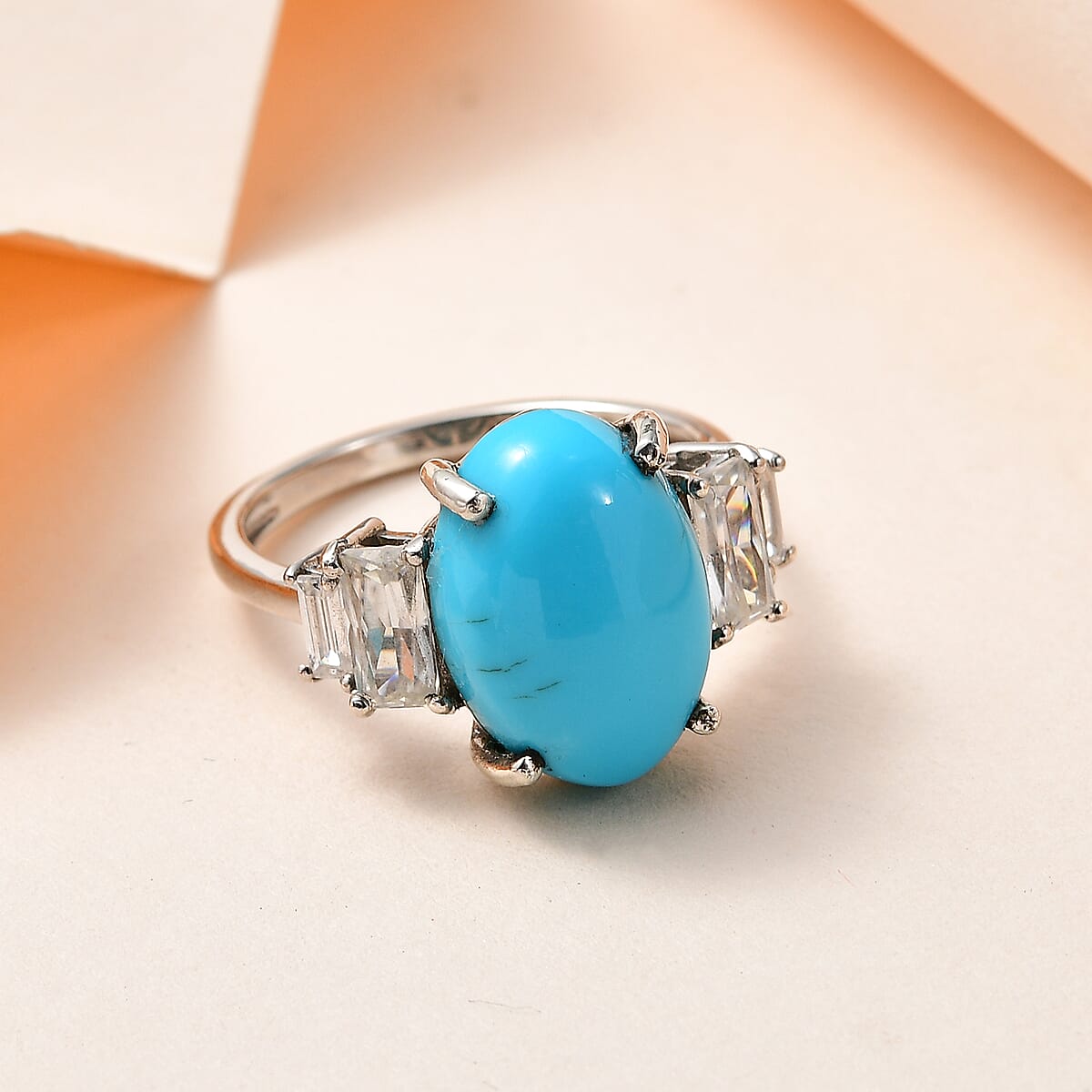 Premium Sleeping Beauty Turquoise and Moissanite Ring in Platinum Over Sterling Silver 5.65 ctw (Del. in 7-10 Days) image number 1