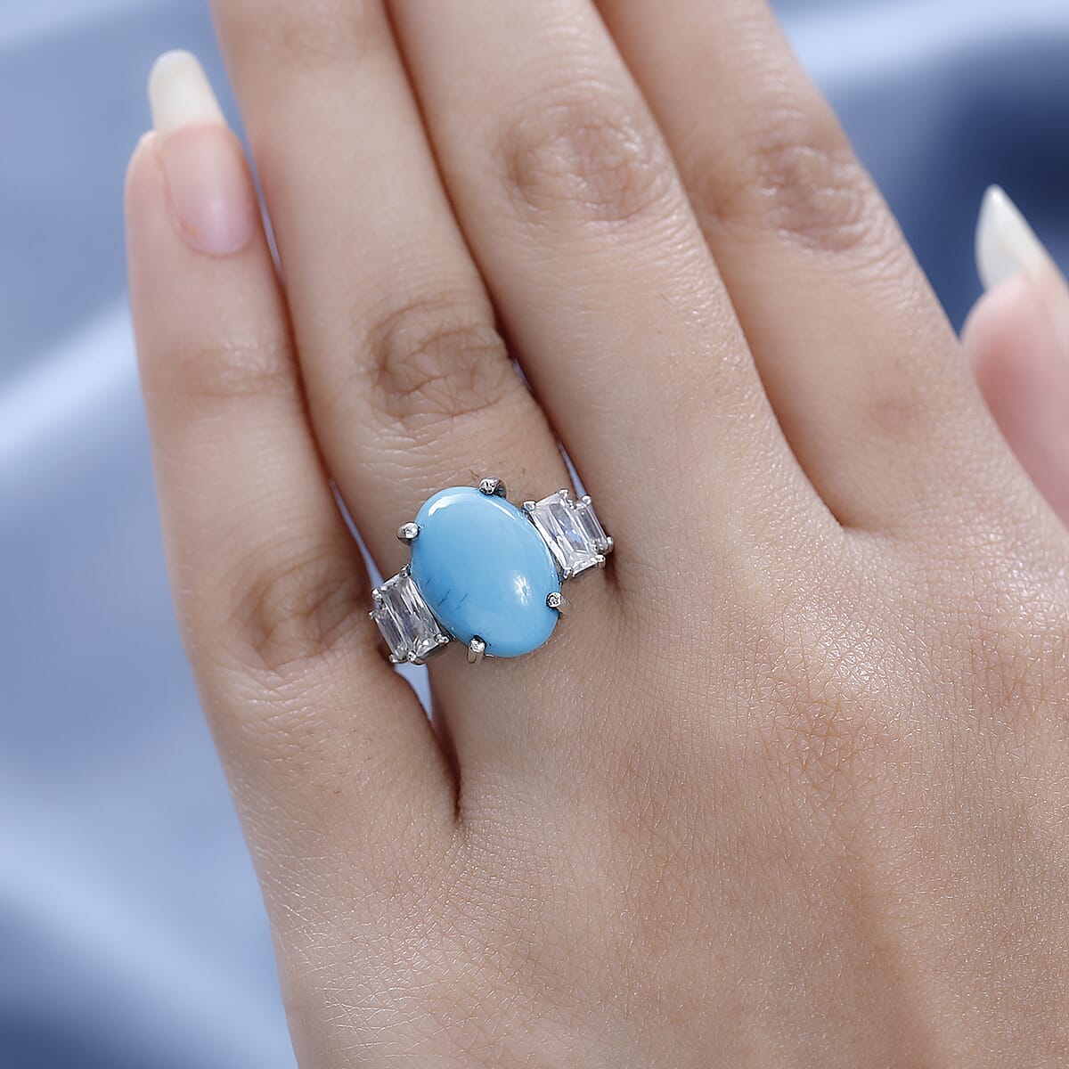 Premium Sleeping Beauty Turquoise and Moissanite Ring in Platinum Over Sterling Silver 5.65 ctw (Del. in 7-10 Days) image number 2