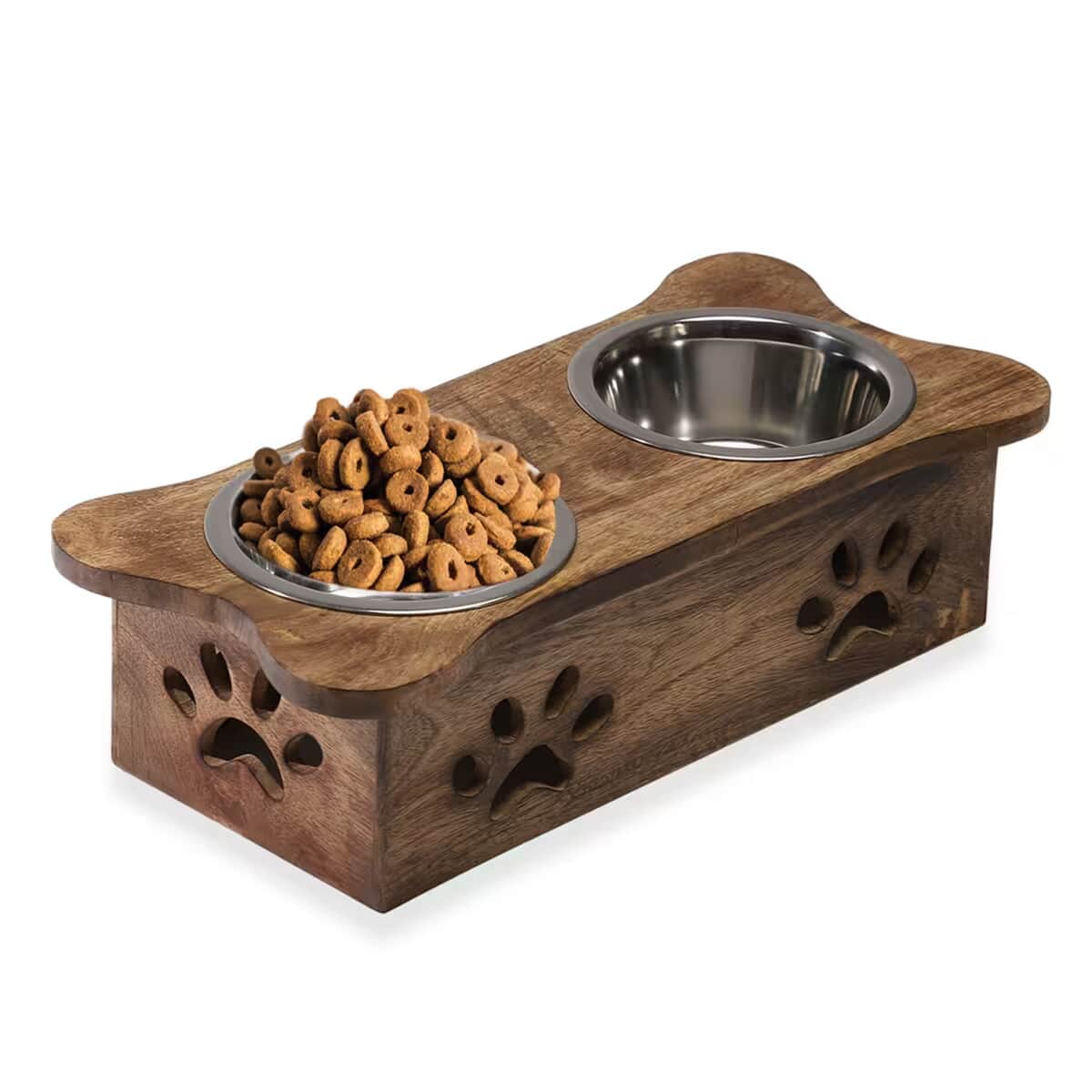 Nakkashi Hand Carved Mango Wood Pet Feeder with Stainless Steel Bowls image number 0