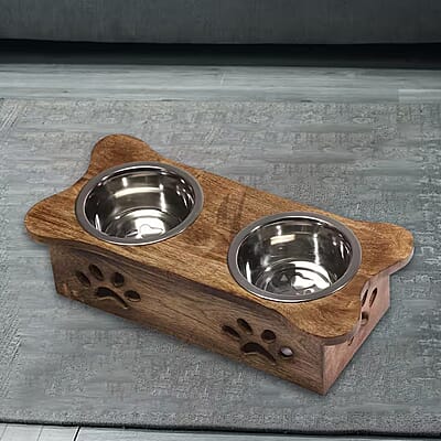 Nakkashi Hand Carved Mango Wood Pet Feeder with Stainless Steel Bowls